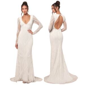 Lulus Deedra White Sequin Beaded Backless Maxi Dress size XL NWT